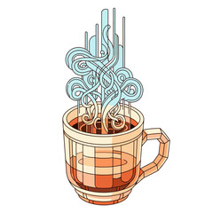 Captivating vector illustration of a geometric coffee cup emitting intricate, swirling steam, subtly forming an abstract urban skyline, symbolizing modern comfort.