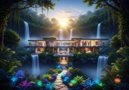 Luxury house in tropical waterfall setting with sunshine background
