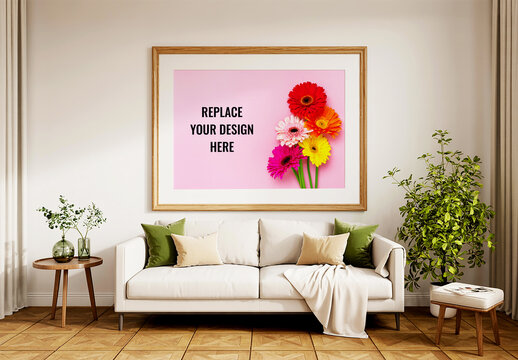 Large Horizontal Frame Mockup Above Sofa