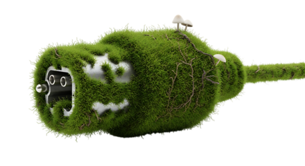 Green electrical plug covered in moss with a small mushroom, symbolizing eco energy and sustainability isolated on transparent background