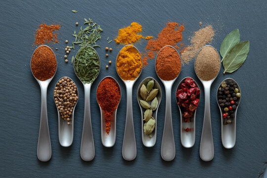 Variety of spices and herbs in spoons