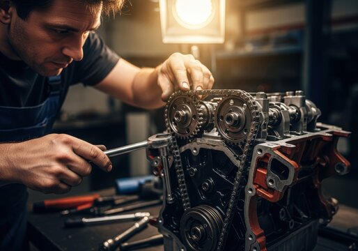 Man repairing car engine with wrench at auto repair shop garage