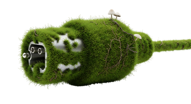 Green electrical plug covered in moss with a small mushroom, symbolizing eco energy and sustainability isolated on transparent background