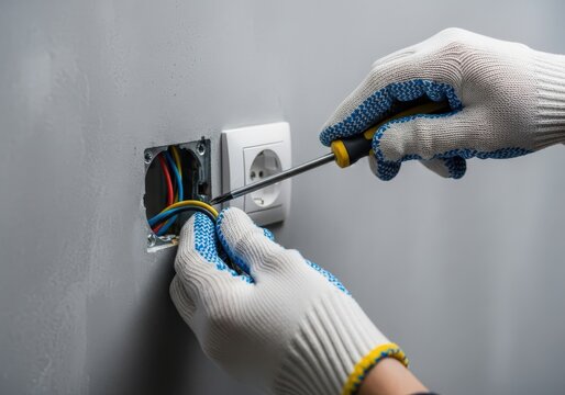 Electrician wiring electrical outlet using screwdriver in the house