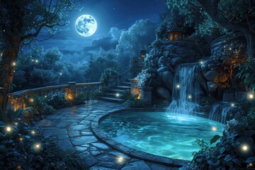 Naklejka premium Enchanting moonlit waterfall oasis with glowing lanterns and mystical pool