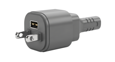 Gray usb wall charger adapter with two flat prongs for north american electrical outlets, isolated on transparent background
