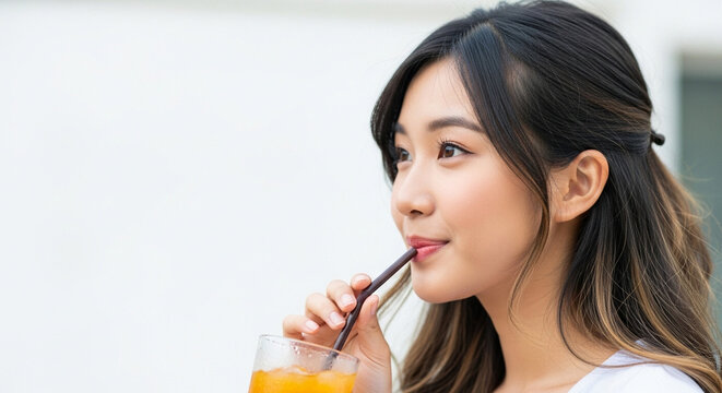 Asian teen sipping from straw enjoying refreshing beverage outdoors  