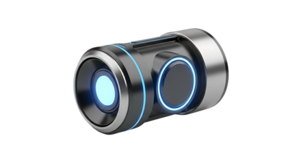 Futuristic compact digital camera lens or security device with glowing blue light isolated on transparent background