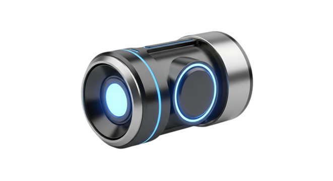 Futuristic compact digital camera lens or security device with glowing blue light isolated on transparent background