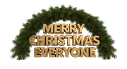Merry christmas everyone text in gold letters with green wreath isolated on transparent background