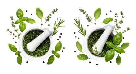 Two white mortars with pestles and fresh herbs transparent background cutout png