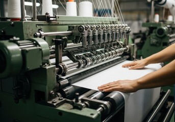 Textile factory machine producing cloth with hands touching fabric