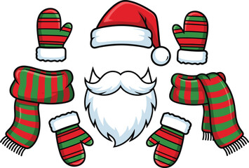 Cartoon Santa Claus accessories set, including a red hat, white beard, and striped red and green scarf and mittens, isolated Christmas elements.