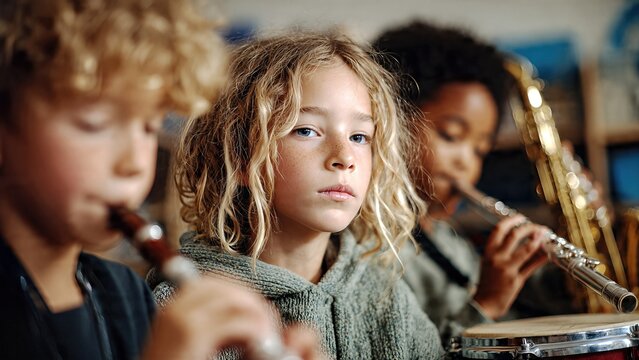 School Music Class with Kids Playing Instruments and Learning Together