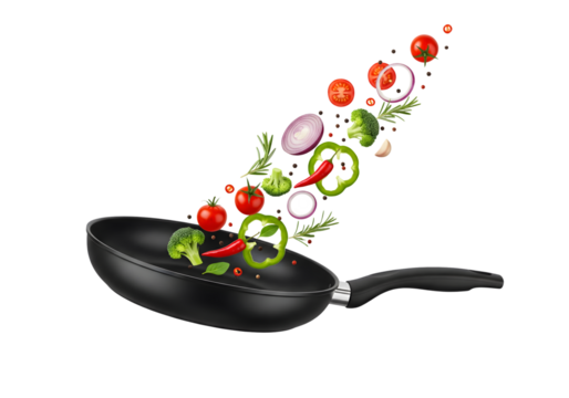 Fresh vegetables tumbling into a wok for stir fry