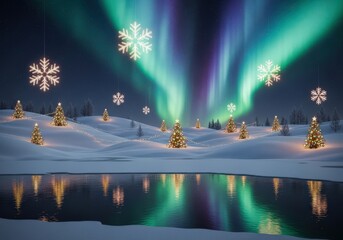 Snowy landscape with trees lights and northern lights reflection