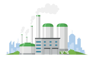 Power plant building surrounded by city skyline with smoke emissions and greenery nearby