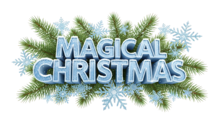 Magical christmas text effect with pine branch and snowflake decoration isolated on transparent background