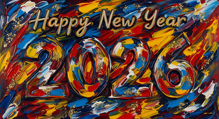 Happy New Year 2026 greeting on a textured background of vibrant, abstract oil painting with thick, colorful impasto brushstrokes