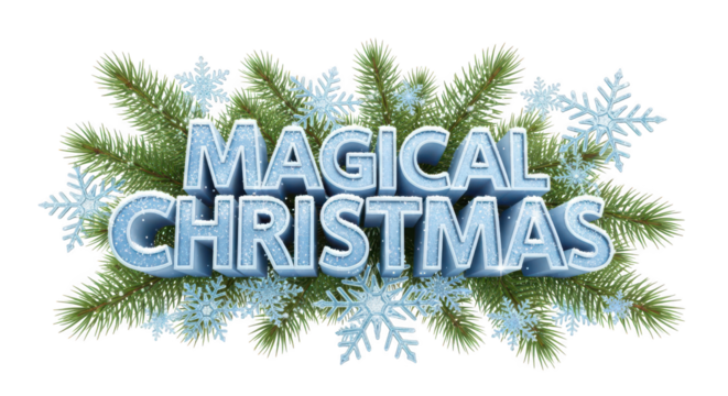 Magical christmas text effect with pine branch and snowflake decoration isolated on transparent background