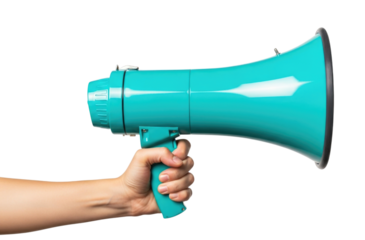 Hand holding a teal megaphone transparent background cutout png