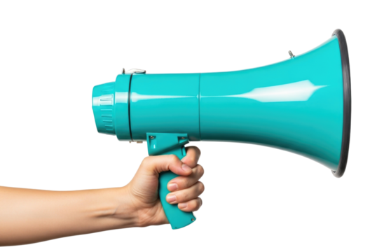 Hand holding a teal megaphone transparent background cutout png - Powered by Adobe