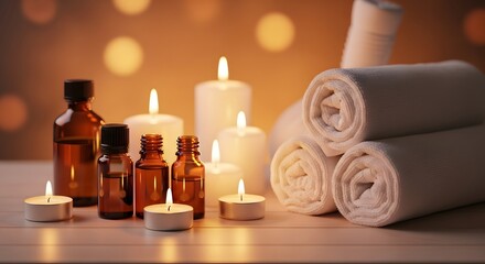 Spa concept with aromatherapy bottles candles and rolled up towels