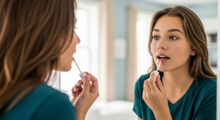 Teen applying lip gloss in mirror while looking at reflection  