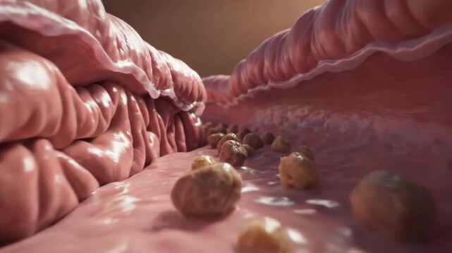 Human intestine anatomy. Internal digestive system. 3D illustration of bowel. Intestinal wall. Medical concept. Close-up view. Healthy gut. Digestive tract.
