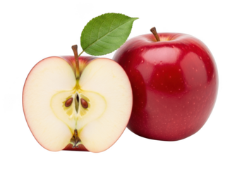 Two red apples, one whole and one halved, showing seeds and core isolated on transparent background