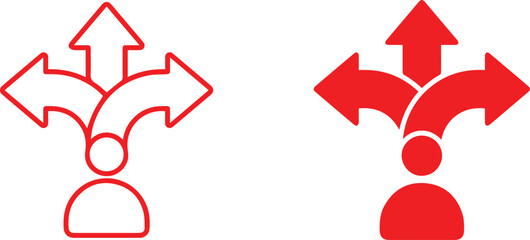 Human Figure with Directional Arrows Icon Symbolizing Choices Three-way arrow icon.