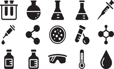 Black science and laboratory icons on white background research chemistry