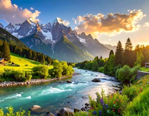 Majestic mountains dominate a lush green valley with a flowing river