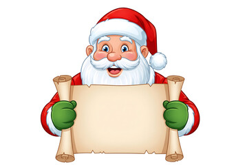 Santa claus holding a blank scroll for christmas wishes