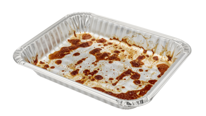 Used aluminum baking pan with grease residue on the transparent background for kitchen cleanup, recycling, and food waste concepts