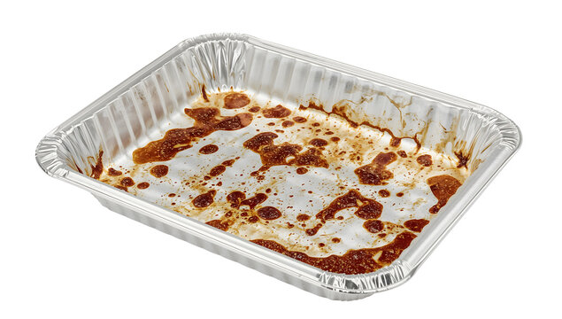 Used aluminum baking pan with grease residue on the transparent background for kitchen cleanup, recycling, and food waste concepts