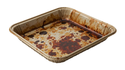 Greasy used baking pan with burnt residue showing oil stains and grime after cooking on isolated the transparent background