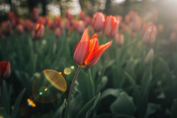 Red tulip flower in garden