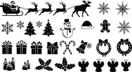 Christmas Icons Vector Silhouette Set, Winter Holiday Symbols Collection: Santa Sleigh, Reindeer, Snowflake, Tree, Gifts, Wreath, Gingerbread Man, and Angel.
