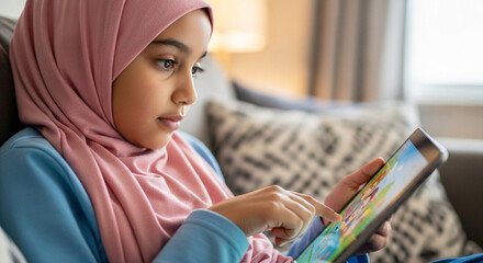Young Muslim girl watching tablet on couch with focused expression  