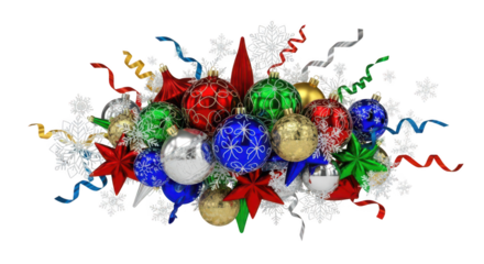 Assortment of colorful christmas ornament decoration isolated on transparent background