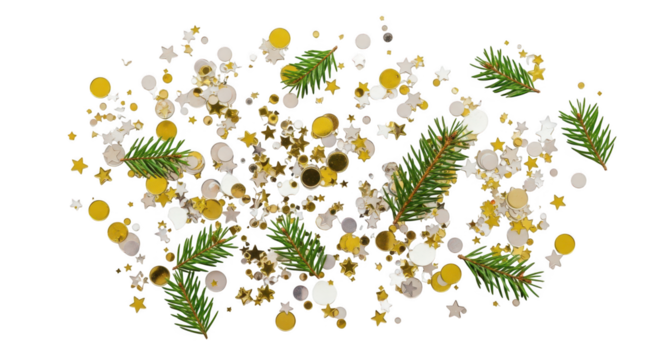 Falling gold and silver confetti with fir tree branch isolated on transparent background
