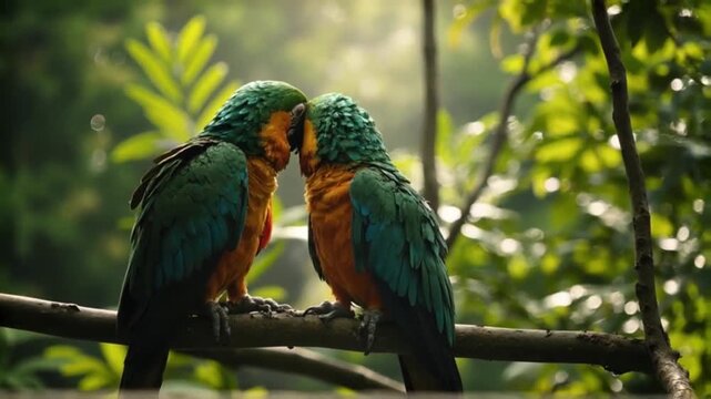Beautiful video of two parrots intimately perched on a branch in the jungle