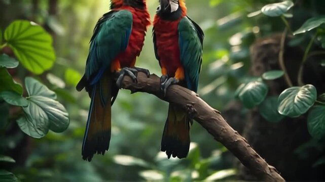 Beautiful macaws perched on a branch in a video, with lush foliage