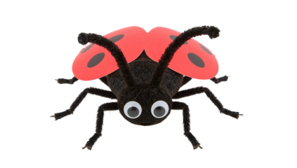 Playful ladybug craft with googly eyes and red wings isolated on the transparent background for kids projects and diy activities
