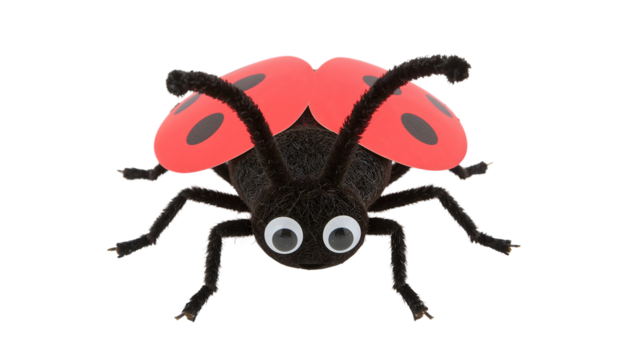 Playful ladybug craft with googly eyes and red wings isolated on the transparent background for kids projects and diy activities