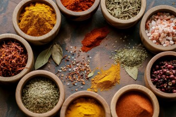 Assortment of spices in wooden bowls