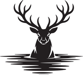 Black silhouette of a stag with antlers in water deer black and white