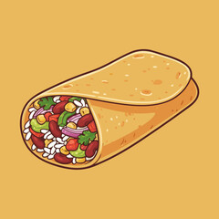 A vibrant cartoon illustration of a delicious burrito filled with rice, beans, corn, and fresh vegetables, on a warm orange background.