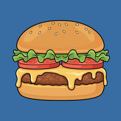 A cartoon illustration of a delicious hamburger with sesame bun, fresh lettuce, red tomatoes, melted cheese, and a juicy beef patty on a blue background.